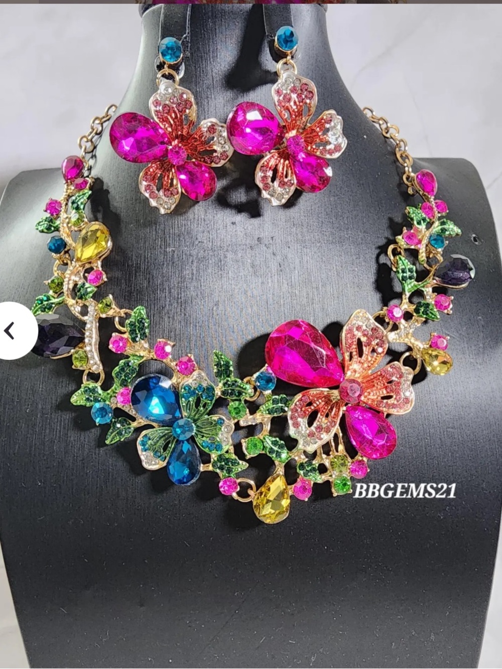 Multicolor Floral Crystal Necklace and Earring Set - Pink Accent